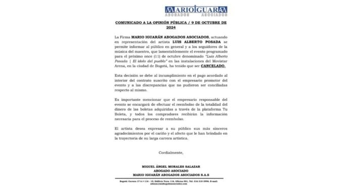  - Nuevo fracaso de Juan Velásquez, se le cayo concierto de Luis Alberto Posada por presunta falta de pago