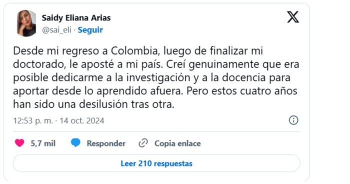  - Hizo un posgrado afuera, regresó y terminó desilusionada con los salarios de los estudiantes colombianos